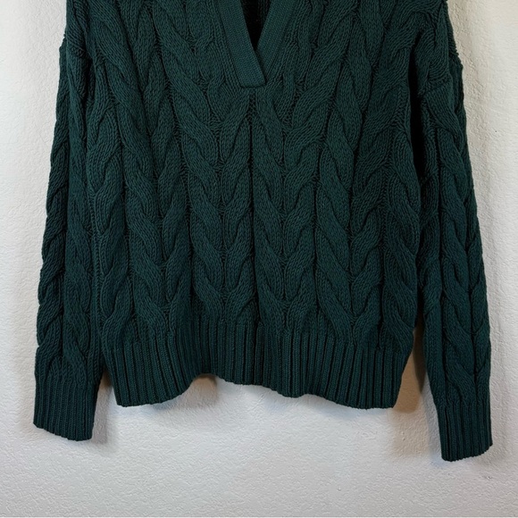 Loft Collared Split Neck Chunky Cable Knit Green Fisherman Sweater Shirt XXS - Picture 4 of 12